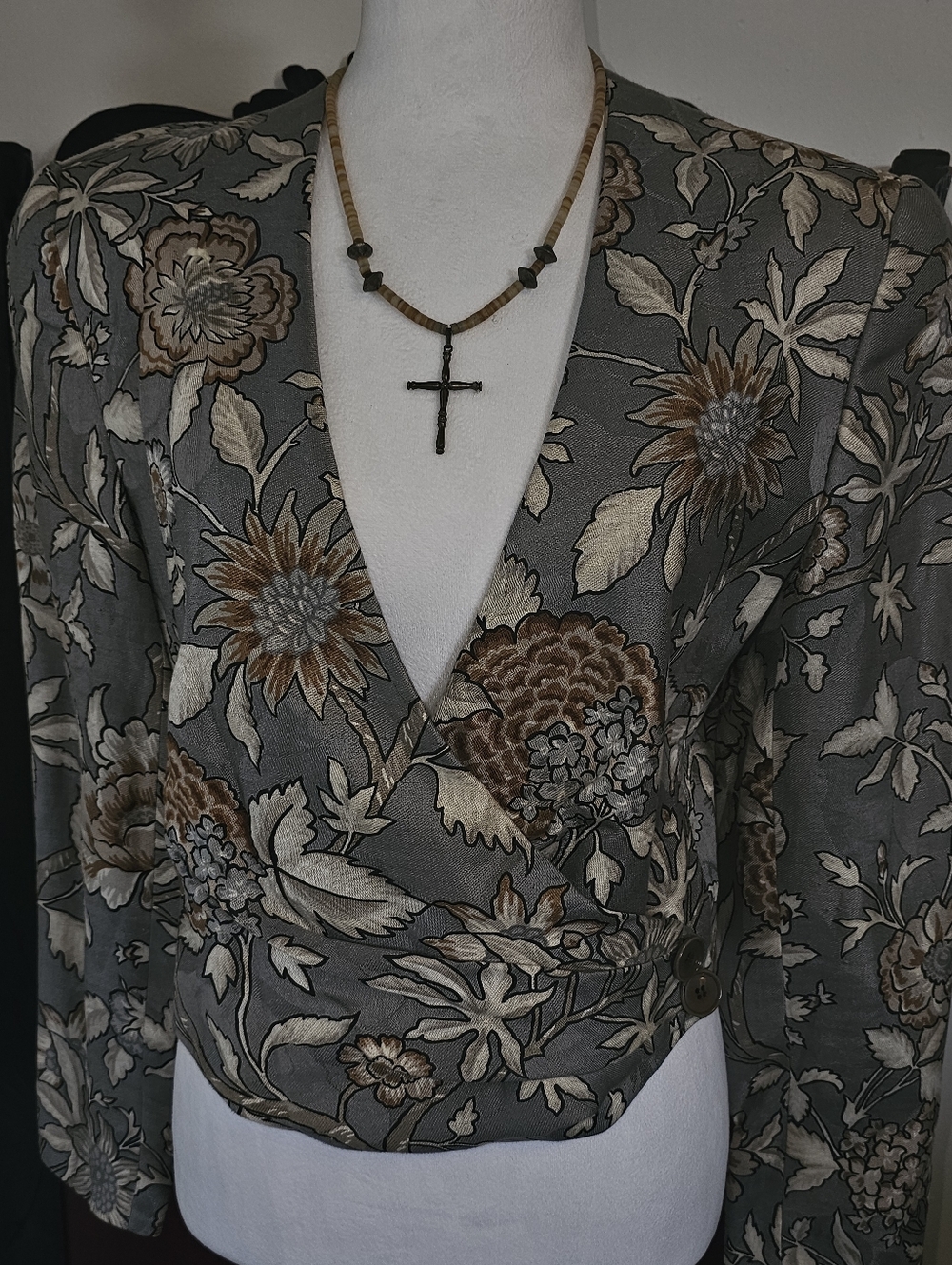 Vintage 1990s Giorgio Armani Gray Floral Wrap Blazer with Brown Accents